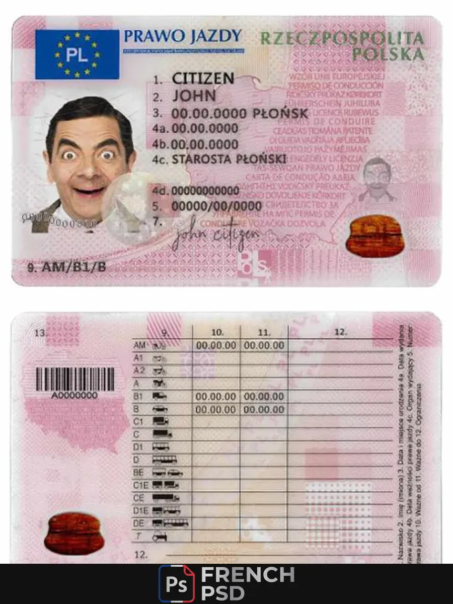 Pologne permis de conduire modèle en Psd Formatentièrement modifiable2019 présent — Permis de conduire