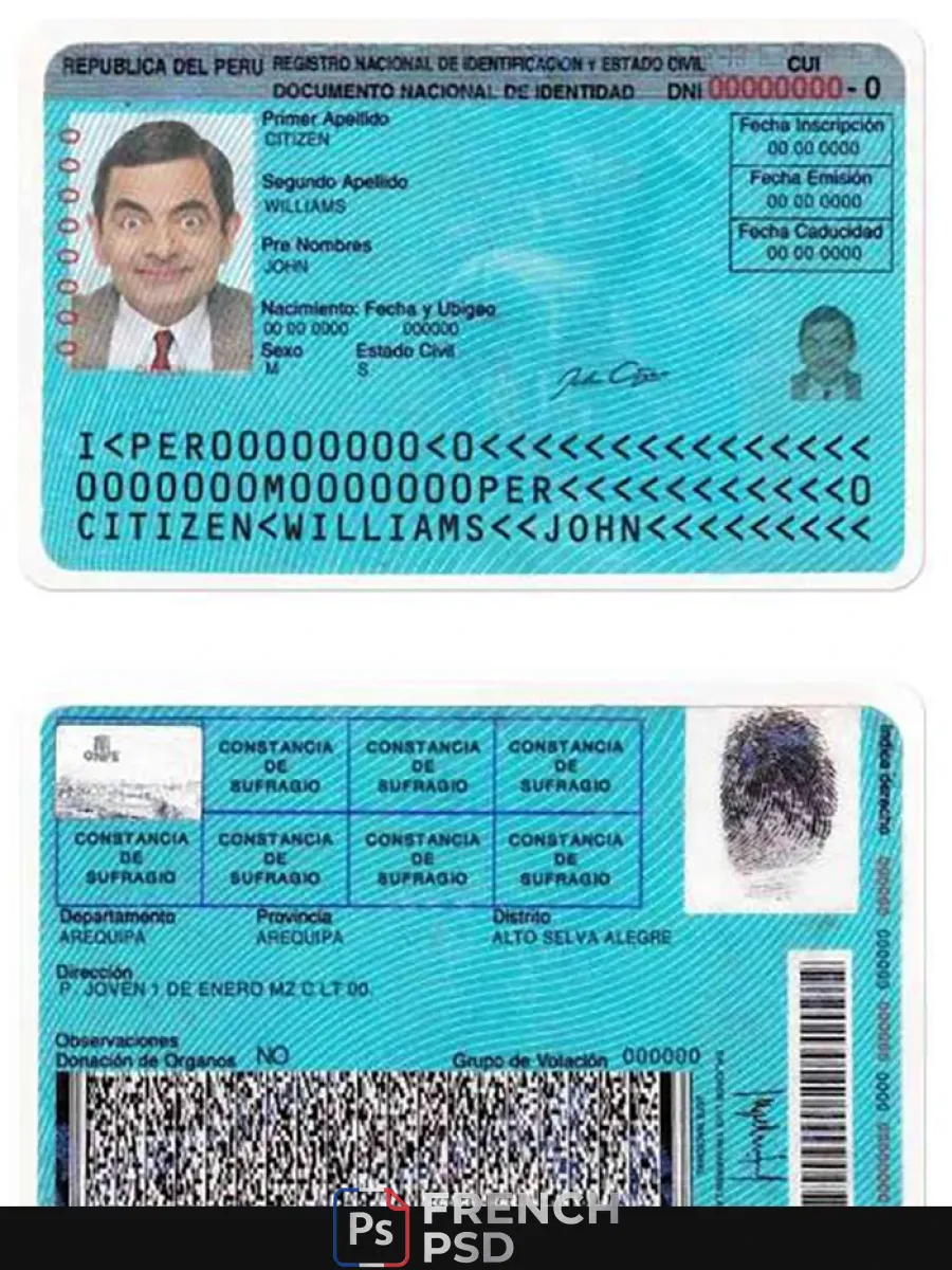 Pérou carte d'identité Psd modèle avec polices version 2 — Cartes d'identité