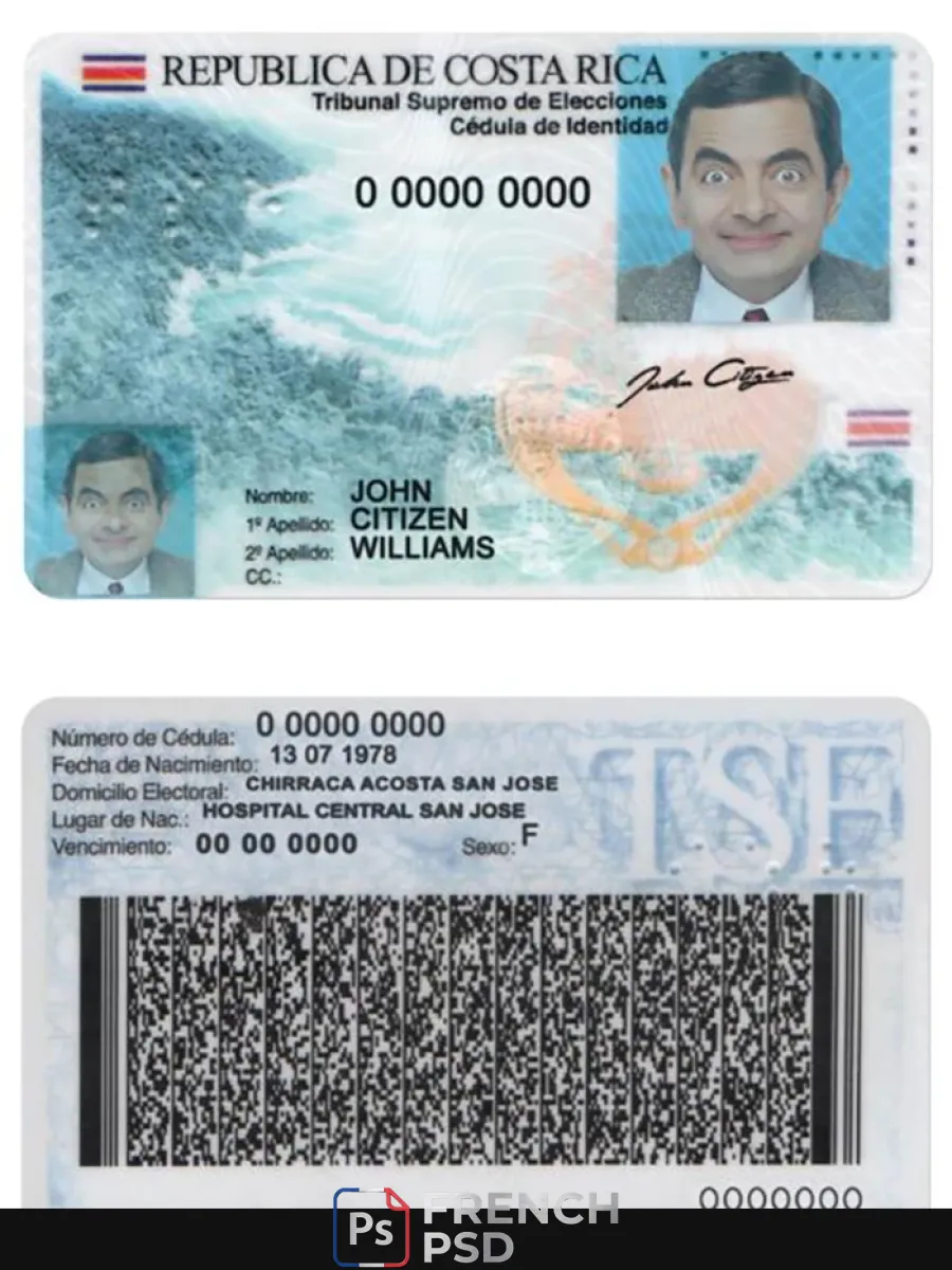 Costa Rica carte d'identité Psd modèle avec polices version 2 — Cartes d'identité