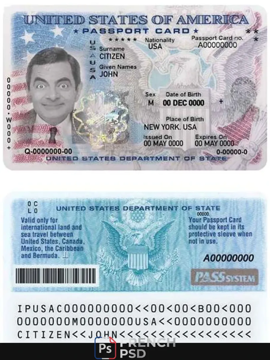 États-Unis passeport carte d'identité Psd modèle entièrement modifiable version 2 1 — Cartes d'identité