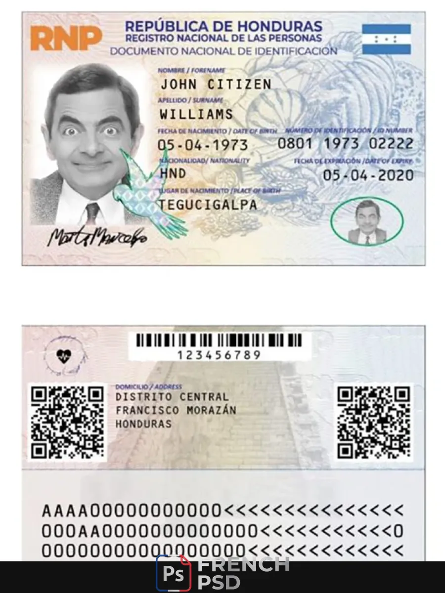 Honduras carte d'identité Psd modèle avec polices version 2 — Cartes d'identité