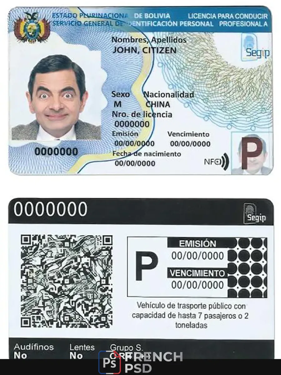 Bolivie permis de conduire modèle en Psd Formatentièrement modifiable2017présent — Permis de conduire