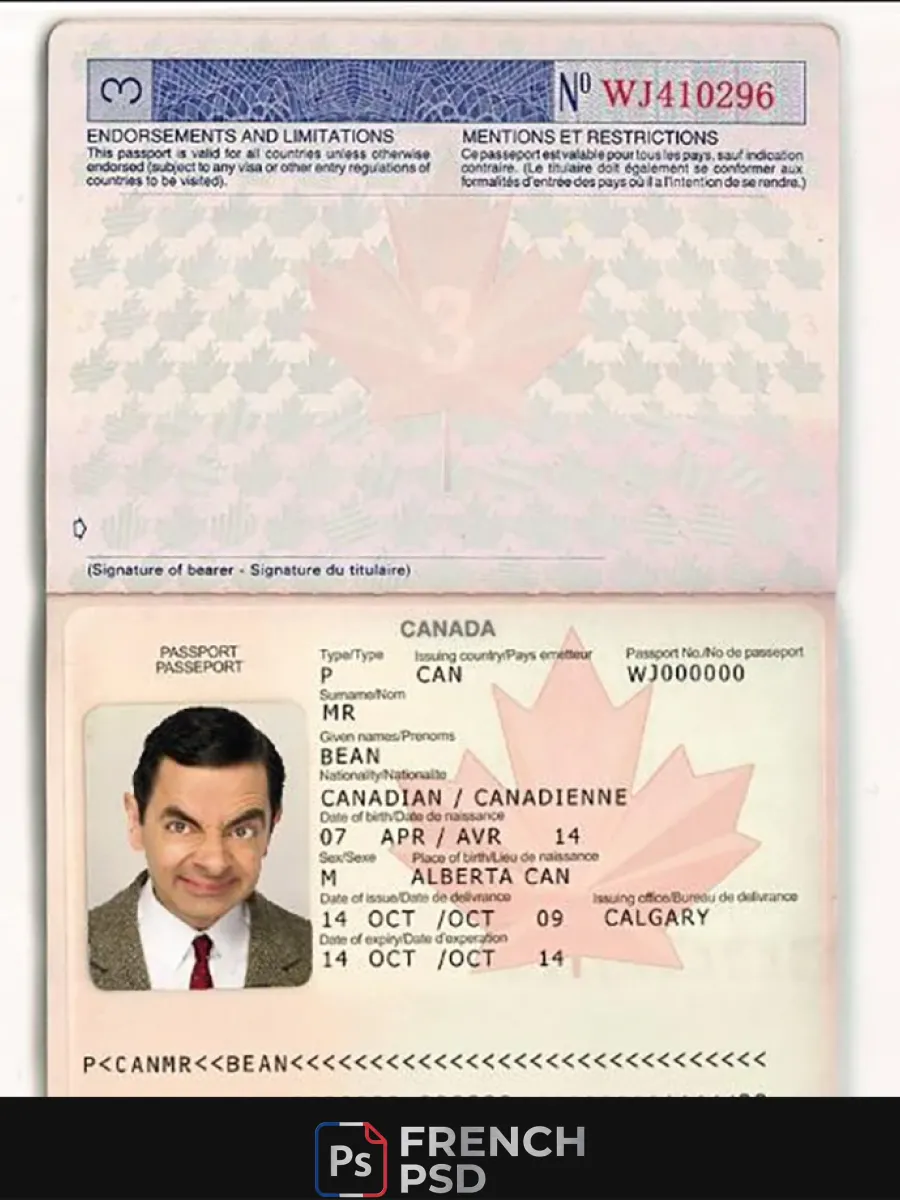 Canada passeport modèle en Psd format entièrement modifiable avec tout polices 2002 2010 — Passeports