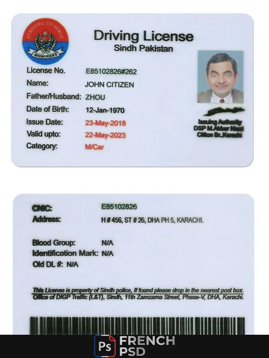 Pakistan Sindh province permis de conduire Psd modèle ancien version Till 2016 — Permis de conduire