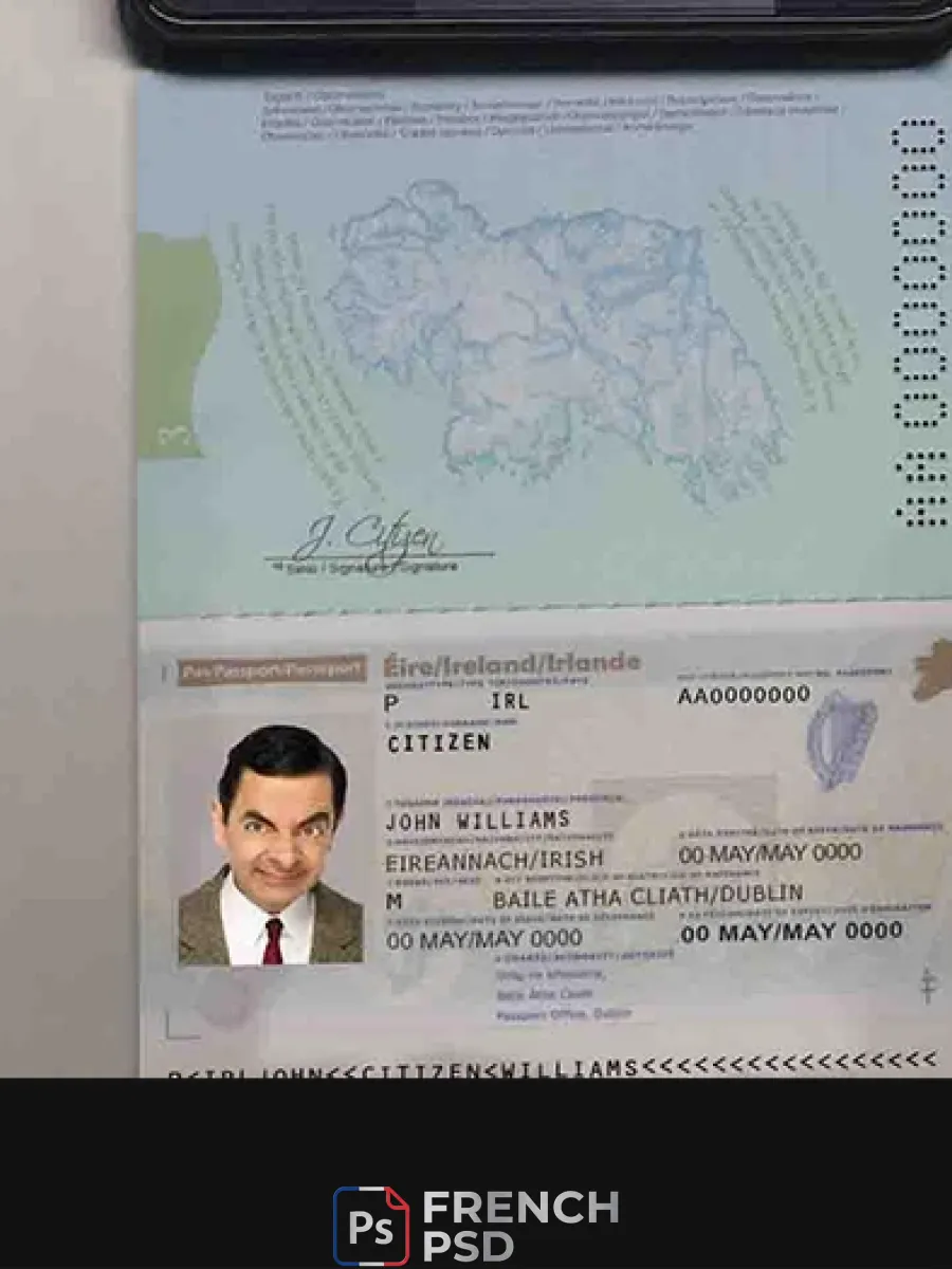 Irlande passeport modèle en Psd format modifiable Psd photo aspect entièrement modifiable avec tout polices — Passeports