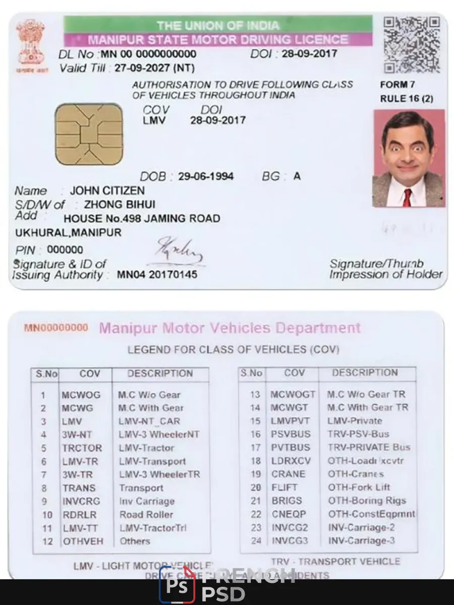 Inde Manipur État permis de conduire — Permis de conduire