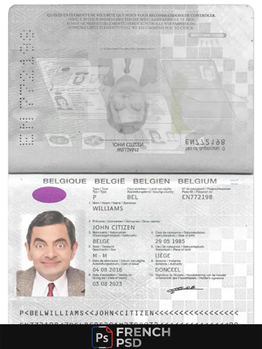 Belgique passeport Psd modèle avec polices version 2 2017 présent — Passeports